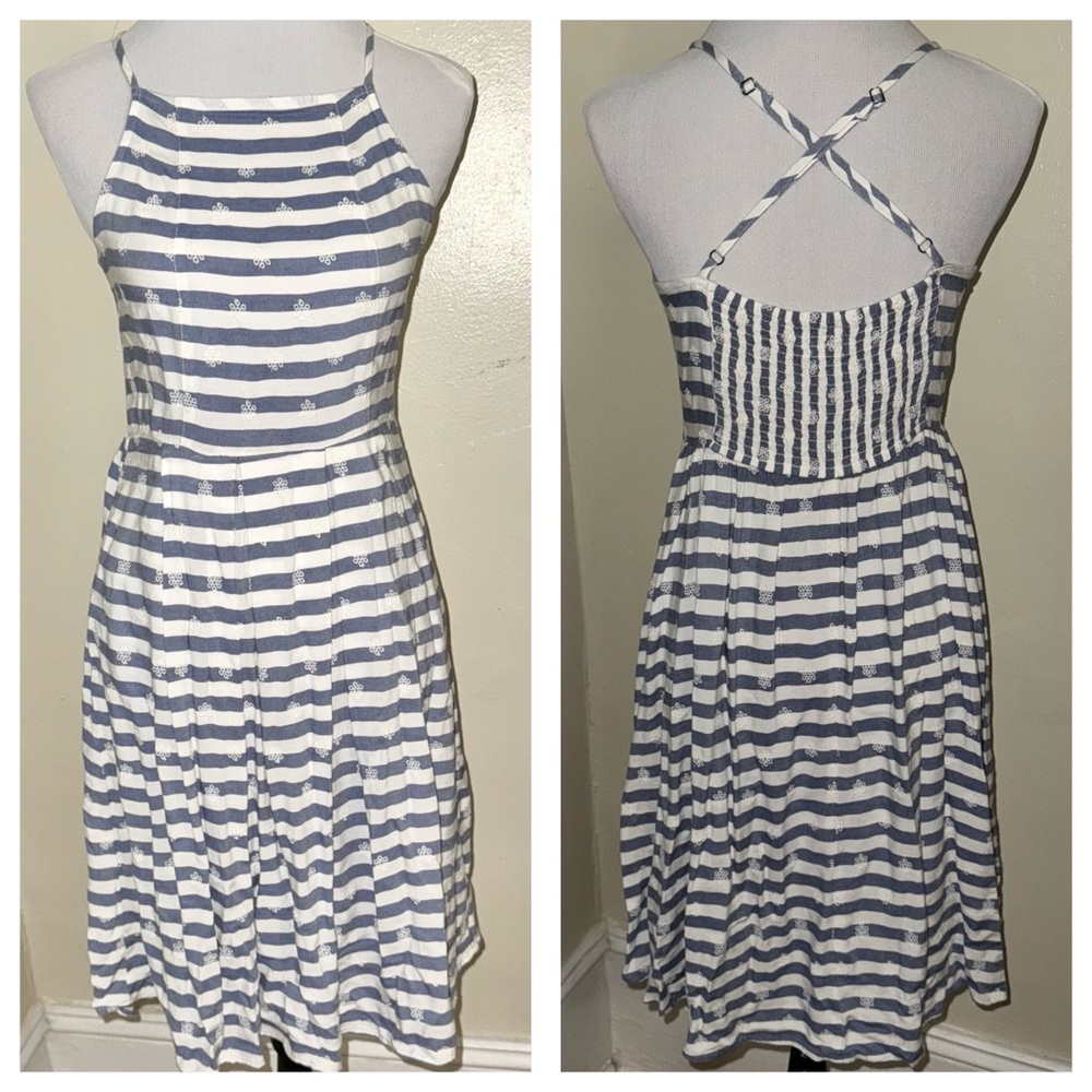 Blue/Gray Stripe X-Back Spaghetti Strap Sundress, Jr Sz Lg (see meas)